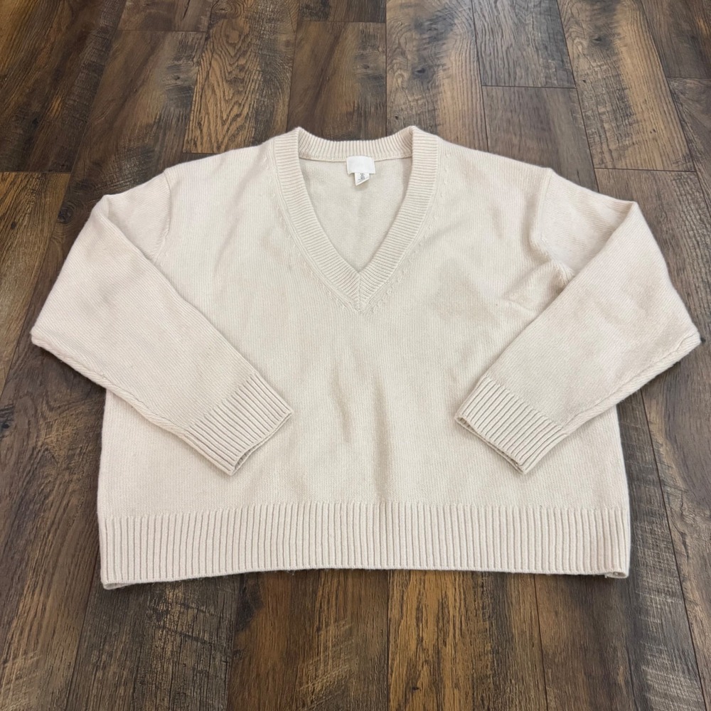 H&M Womens V-Neck Oversized Knit Sweater Cream Off-White Wool Blend Large Luxury